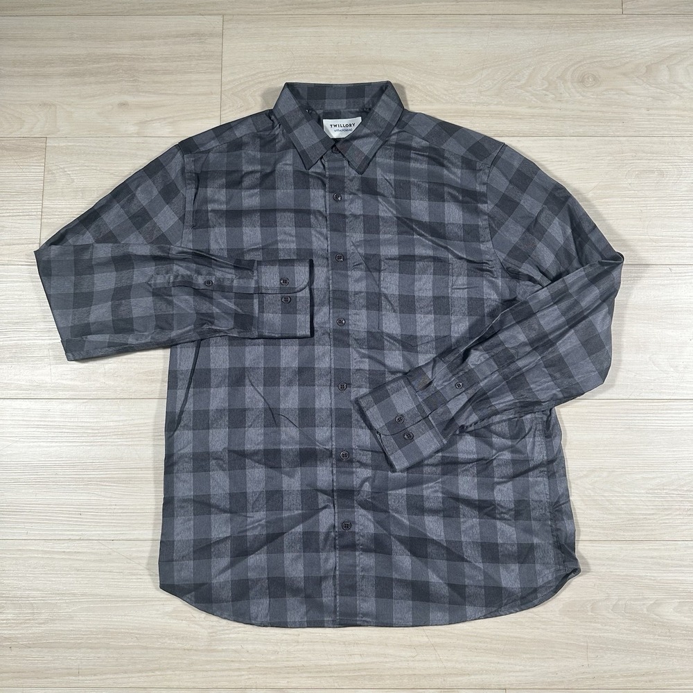 Twillory Shirt Mens Large Black Gray Plaid Twill Button Down Tailored Fit Casual
